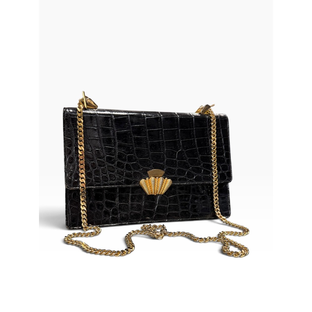 Saks Fifth Avenue Vintage Black Croc Embossed Leather Shell Clasp Bag France